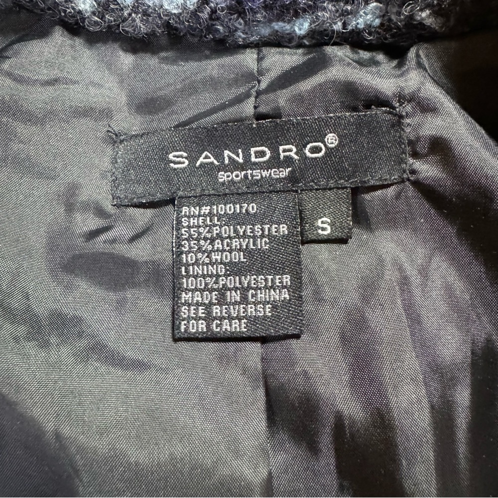 Sandro Tie Waist Blazer Jacket Tweed Textured Wool Blend Blue Black, Size Small - Picture 7 of 12